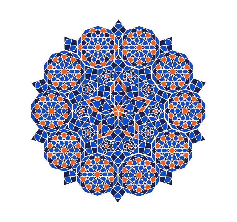 May include: A symmetrical, geometric design in shades of blue and orange, set against a white background. The pattern features intricate shapes and repeating floral-like motifs, creating a visually appealing, decorative element.