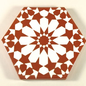 May include: A hexagonal ceramic tile with a white and brown geometric pattern. The pattern features a central star with smaller stars radiating outwards.