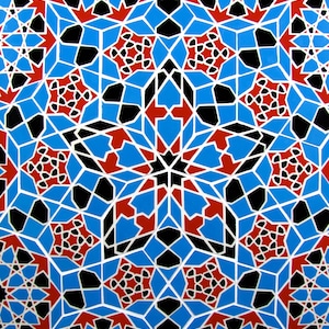 May include: A vibrant, geometric pattern featuring a repeating design of blue, red, black, and white shapes. The intricate pattern includes star-like and angular elements, creating a visually complex and symmetrical composition. The design is reminiscent of mosaic or tile work.