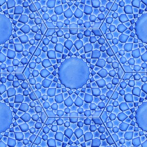 May include: A close-up of a blue tile pattern. The design features a repeating geometric pattern of stars and hexagons. The tiles have a glossy finish, and the color is a medium shade of blue.