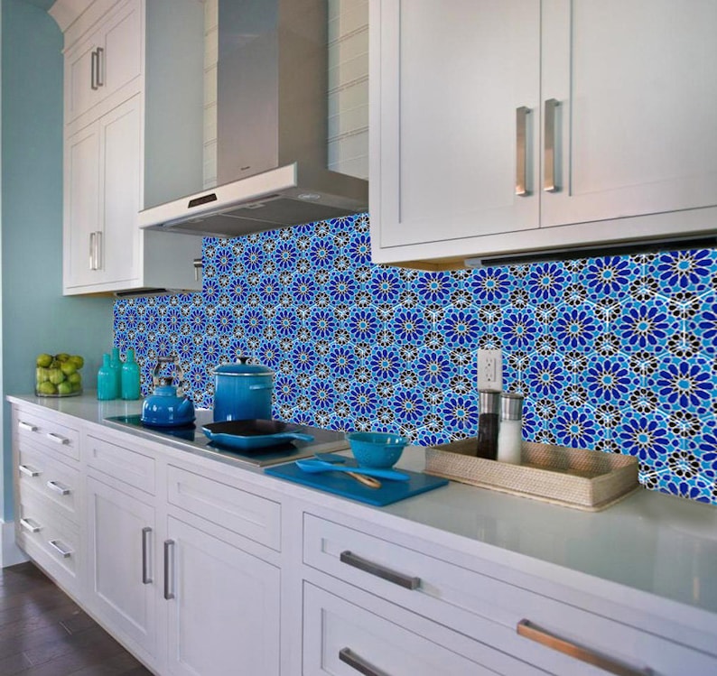 Blue and White Tiles Moroccan Tiles Hand Painted Tiles Kitchen Backsplash Tiles Ceramic Tiles Hexagonal Tiles Moroccan Trivet image 4