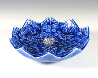 Ceramic Ring Dish -Lotus Flower Ring Dish - Cobalt Ring Holder - Blue Ceramic Soap Dish - Bridal Favor - Engagement Ring Holder