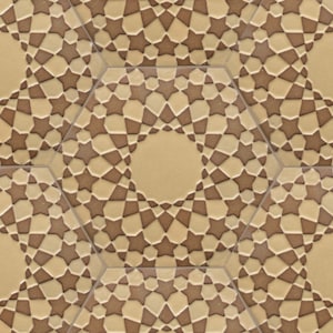 May include: A repeating pattern of brown stars on a beige background. The pattern is symmetrical and creates a geometric design.