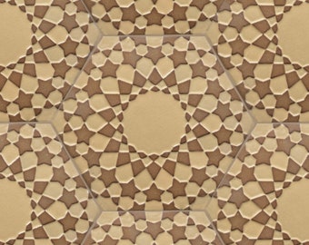 May include: A repeating pattern of brown stars on a beige background. The pattern is symmetrical and creates a geometric design.