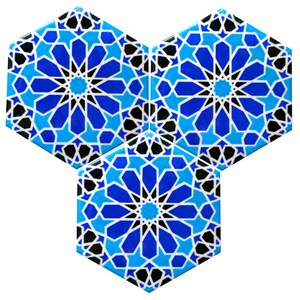 Blue and White Tiles Moroccan Tiles Hand Painted Tiles Kitchen Backsplash Tiles Ceramic Tiles Hexagonal Tiles Moroccan Trivet image 3