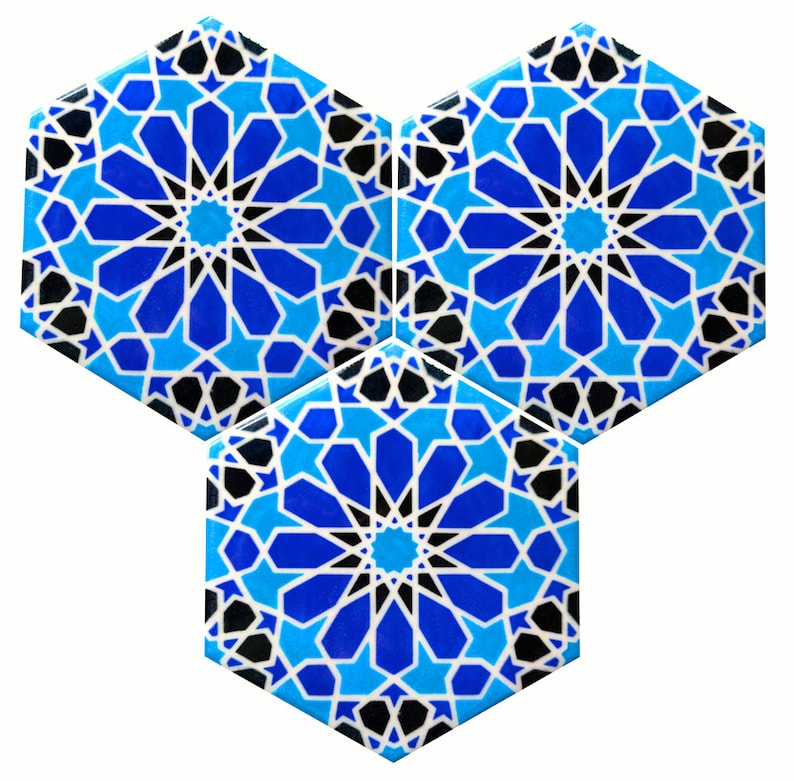 Blue and White Tiles Moroccan Tiles Hand Painted Tiles Kitchen Backsplash Tiles Ceramic Tiles Hexagonal Tiles Moroccan Trivet image 3