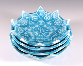 Set of Four Nesting Bowls - Turquoise Blue Lotus Flower Sushi Dishes