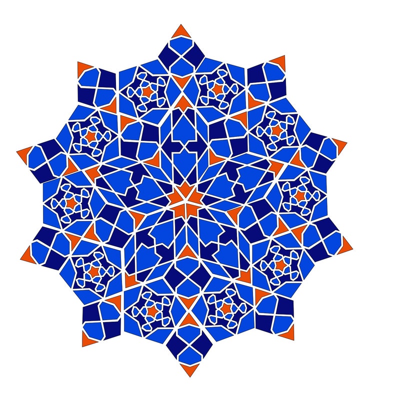 May include: A symmetrical, star-shaped geometric design with intricate patterns. The design features a combination of blue, orange, and white shapes, creating a visually complex and balanced composition. The artwork is set against a white background.