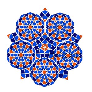 May include: A symmetrical geometric design featuring a central starburst pattern surrounded by six similar shapes. The design uses blue, orange, and white colors, creating a visually appealing and intricate pattern. The overall theme is decorative.