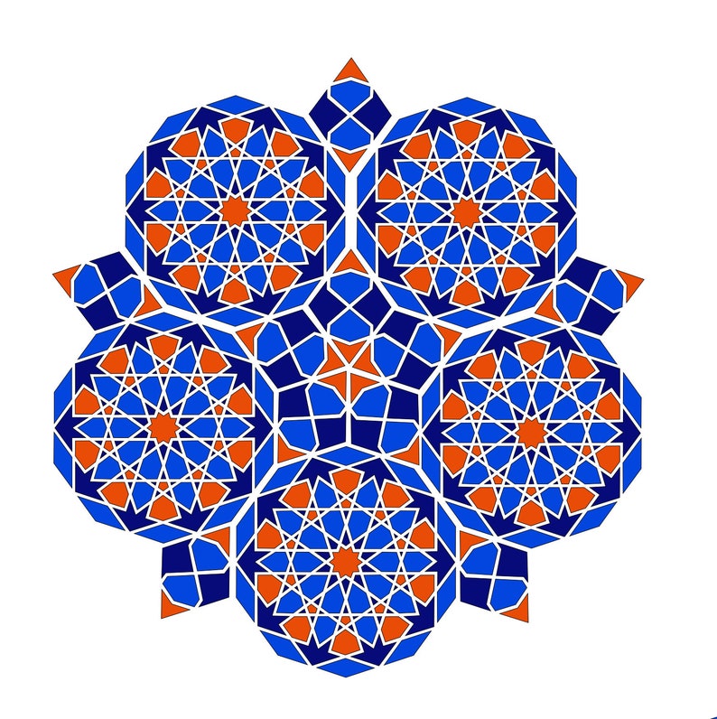 May include: A symmetrical geometric design featuring a central starburst pattern surrounded by six similar shapes. The design uses blue, orange, and white colors, creating a visually appealing and intricate pattern. The overall theme is decorative.