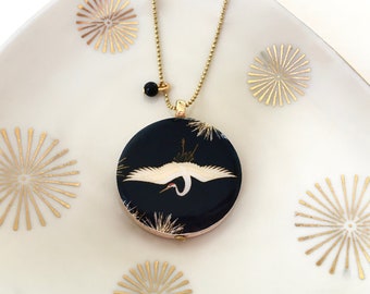 Japanese crane handmade wooden pendant necklace boho Talisman