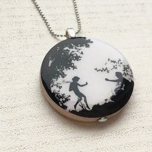 Paper cut elf nostalgia tree filigree romance reunion wood pendant chain necklace black and white fairy tale image 2