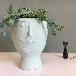 NEW and BIG! Bobby Head Flowerpot Face Plant Head Figure Head Beard Schnauzer Mustache Vase Concrete Planter SAGE