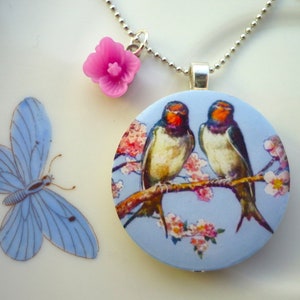 Swallows Couple Blossom Branch Wood Pendant Necklace image 2