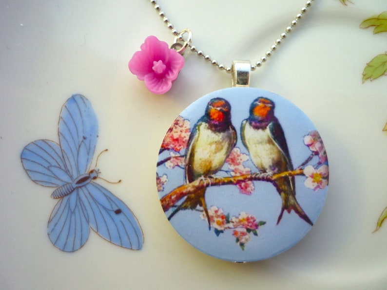 Swallows Couple Blossom Branch Wood Pendant Necklace image 2