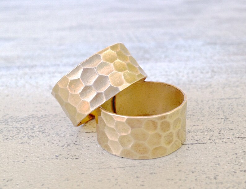 raw brass honeycomb relief hexagon ring hammered geometric adjustable image 1