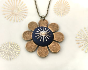 Vintage Sunburst Starburst Star Fabric Brass Flower Floral Nostalgia Ball Chain Chain Hand Embroidered