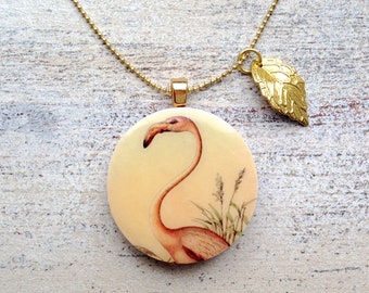 Flamingo & Leaf ᵀᴴᴱ ORIGINAL wooden pendant necklace