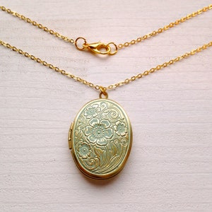 raw brass mint handmade floral locket patina necklace image 2