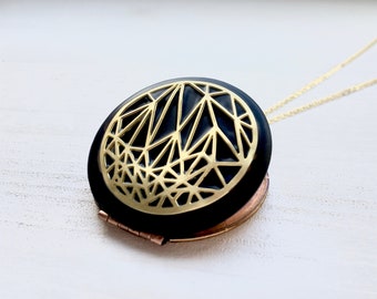 raw brass black handmade origami diamond necklace locket geometric