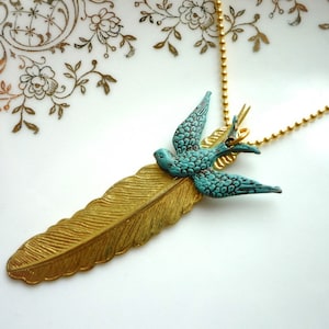 Brass feather patina swallow chain image 1