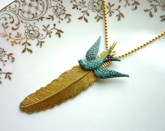 Brass feather patina swallow chain