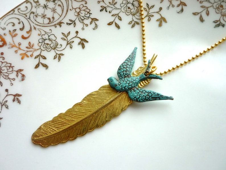 Brass feather patina swallow chain image 1