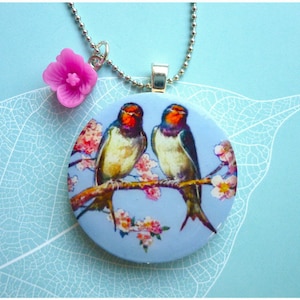 Swallows Couple Blossom Branch Wood Pendant Necklace image 1