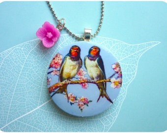 Swallows Couple Blossom Branch Wood Pendant Necklace