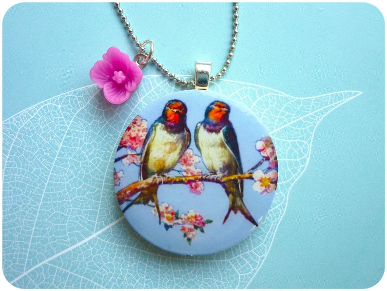 Swallows Couple Blossom Branch Wood Pendant Necklace image 1