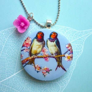 Swallows Couple Blossom Branch Wood Pendant Necklace image 4