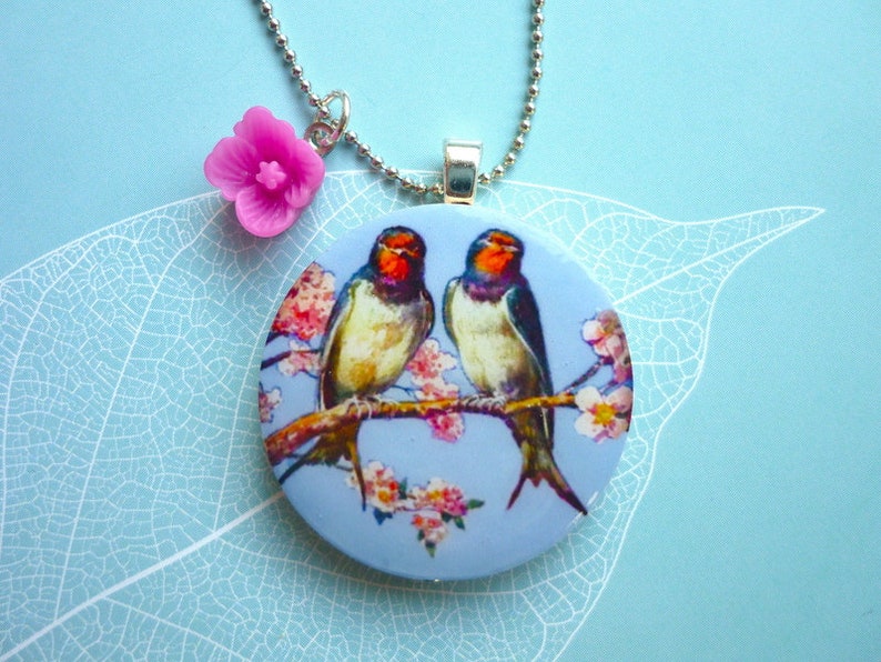 Swallows Couple Blossom Branch Wood Pendant Necklace image 4