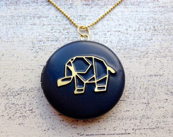 geometric handmade black origami elephant necklace locket forest wood