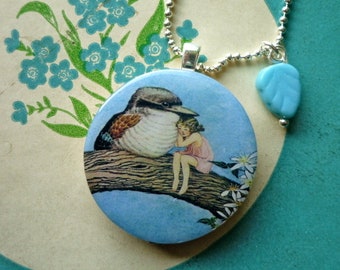 handmade fairyland bird with elf tree pendant necklace Vintage