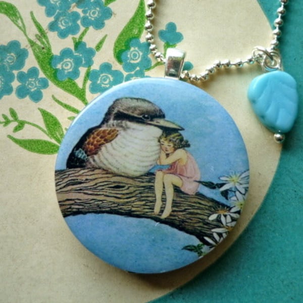 handmade fairyland bird with elf tree pendant necklace Vintage