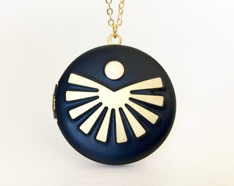 Handmade black sunburst moon necklace locket