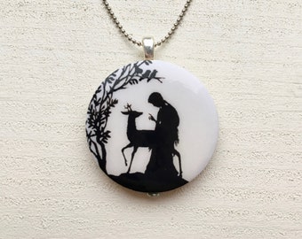 handmade vintage papercut fairytale girl with deer wood pendant necklace