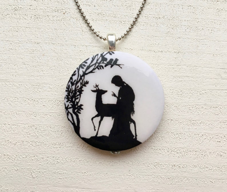 handmade vintage papercut fairytale girl with deer wood pendant necklace image 1