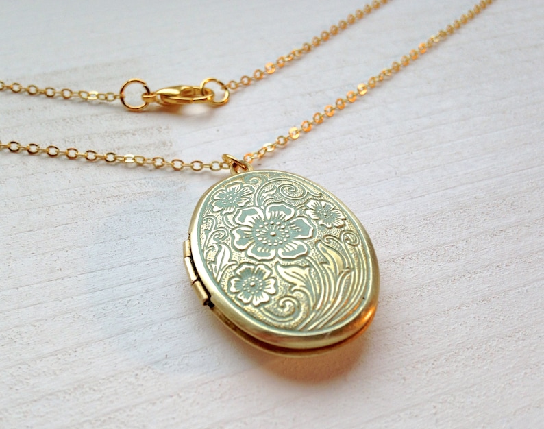 raw brass mint handmade floral locket patina necklace image 1