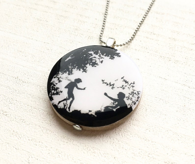 Paper cut elf nostalgia tree filigree romance reunion wood pendant chain necklace black and white fairy tale image 3