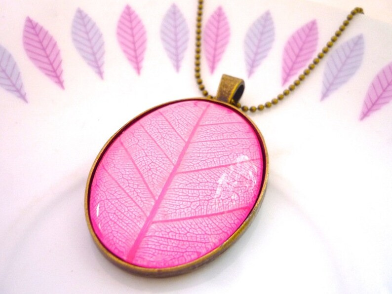 Pink Large Glass Brass Leaf Necklace image 3