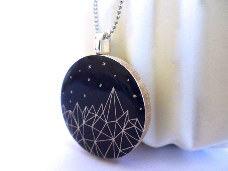 Geometric starfirm wood pendant necklace planets stars mountain image 2