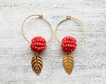 Autumn fruits fruit leaves brass glass beads creole earrings red