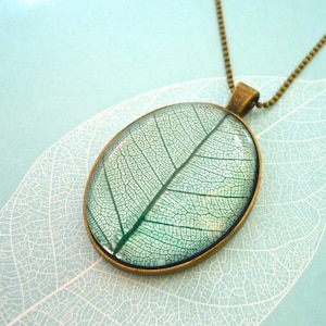 Teal Large Glass Brass Leaf Necklace image 1