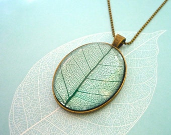 Teal Large Glass Brass Leaf Necklace