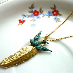 Brass feather patina swallow chain image 2