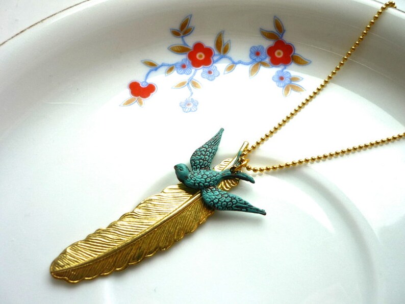 Brass feather patina swallow chain image 2