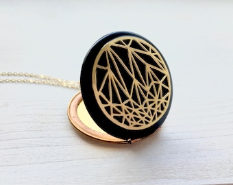 raw brass black handmade origami diamond necklace locket geometric