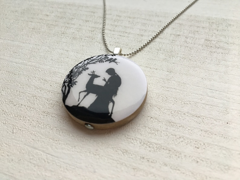 handmade vintage papercut fairytale girl with deer wood pendant necklace image 2