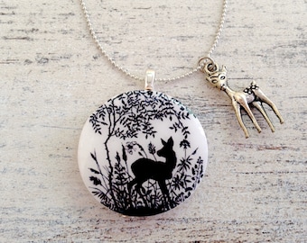 Deer in the forest Bambi wooden fairytale pendant on chain